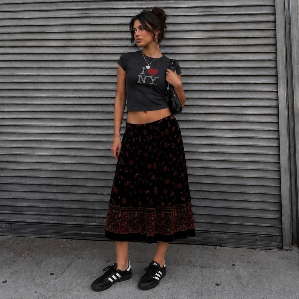 VTG Lord & Taylor Velvet Paisley Gypsy Midi Skirt 10 Black Pockets Dark Academia